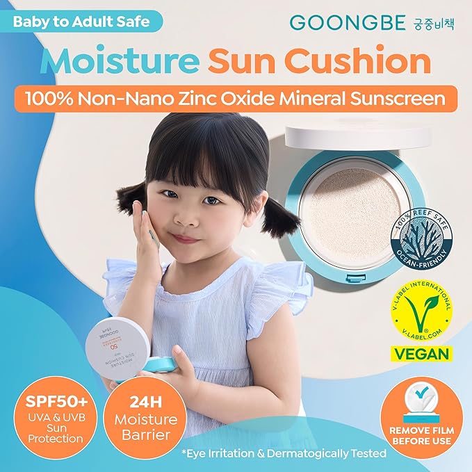 GOONGBE Moisture Sun Cushion Mild SPF 50 - Korean Moisturizing &amp Soothing Zinc Oxide Mineral Sunscreen - Travel Friendly Sun Cushion for Babies &amp Kids - Vegan Reef-Safe Allergen-Free 0.81oz