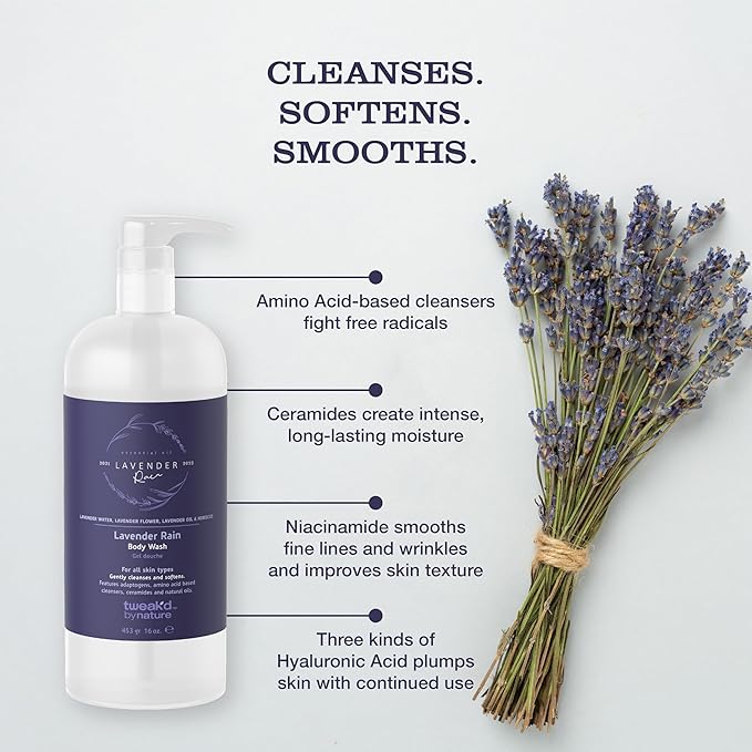 Tweak’d by Nature - Lavender Rain Body Wash Sulfate Free Natural Hydrating and Moisturizing Gentle Lavender Shower Gel and Body Wash for Women (2 Pack)