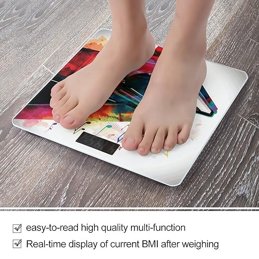 Colorful Piano Keyboard Music Scale for Body Weight Safe Rounded Corners Tempered Glass Digital Bathroom Scale LED Display 400lb Capacity Weight Scales with High Precision Sensors
