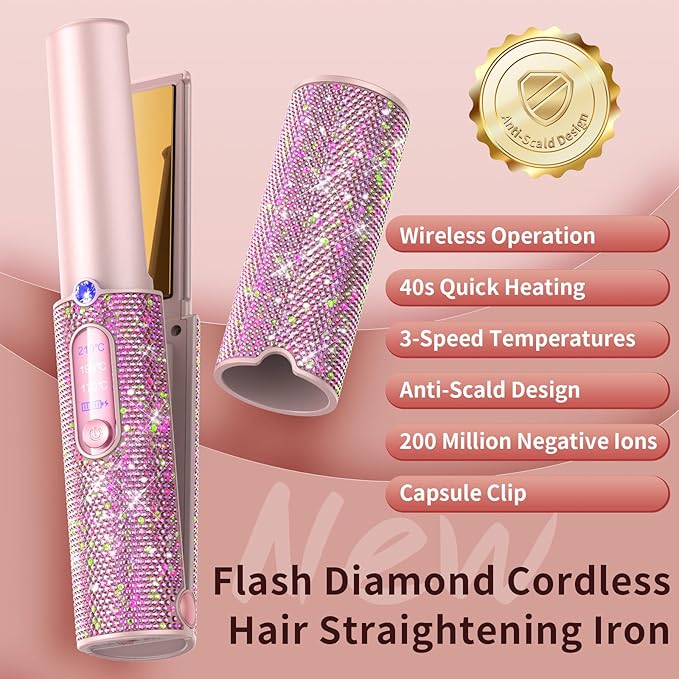 Feitenn Cordless Hair Straightener 2 in 1 Portable Straightener Hair Straightening Dual Voltage Flat Iron Fast Heat Wireless Hair Curler 5000mAh Rechargable for Travel Gift for Women（Pink）
