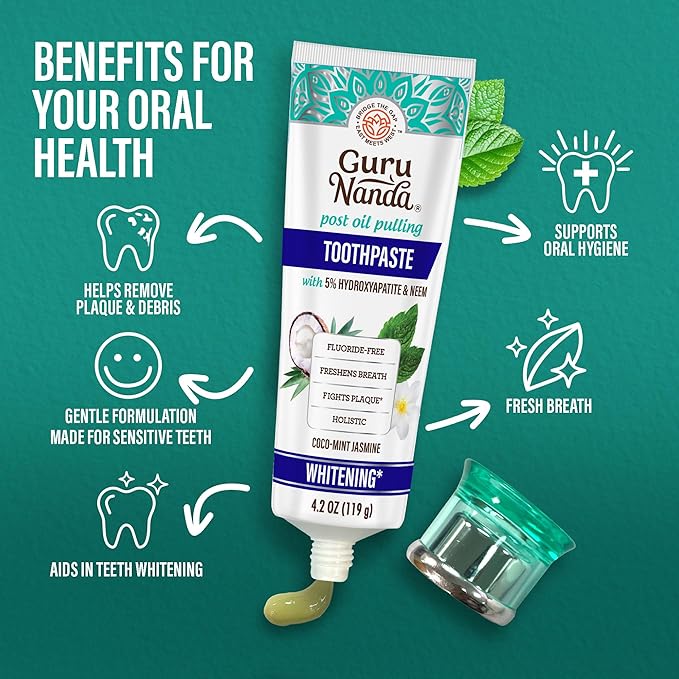 GuruNanda Whitening &amp Fresh Breath Bundle – 7-Day Whitening Strips Hydroxyapatite Toothpaste &amp CocoMint Oil Pulling 16oz for a Brighter Smile &amp Happier Gums