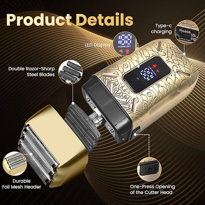 Foil Shavers for Men Electric Razor with Triple Blades LED Display Cordless Rechargeable Shavers for Men Men's Foil Shaver for Close Shave Dry &amp Wet Shave