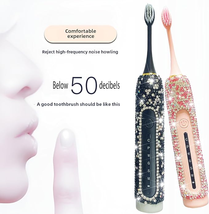 Electric Toothbrush for Woman Bling Diamond Decor Portable Travel Essentials for Couple Gifts Toothbrush with 3 Replacement Heads 6 Modes（Pink &amp Black