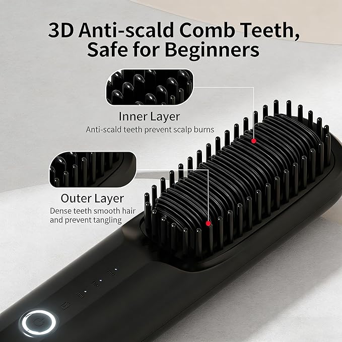 2026 Upgraded Cordless Straightening BrushNegative Ionic Hair Straightener Brush - Straightening Comb for Travel 3 TempPortable Fast Heating Ceramic Brush for Women Short Long Hair (Beige)