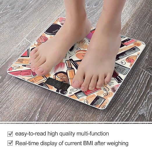 Cosmetic and Makeup Theme Pattern Bathroom Scale Rounded Smart Scale for Body Weight Automatic Power On/Off Weight Scales Accurate Bathroom Digital Scales for Pet Home Bedroom Kitchen