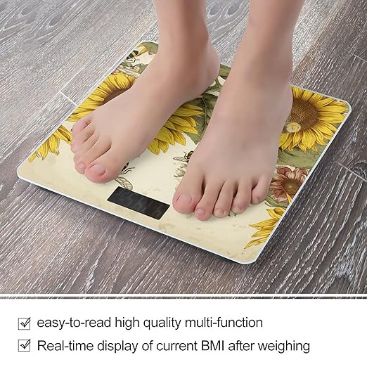 Bees Sunflowers Daisy Rose Flowers Bathroom Scale for Body Weight Bathroom Weighing Scale with Backlit LCD Display Highly Accurate Measures Weight Up to 180kg