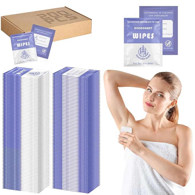 Timgle 200 Count Deodorant Wipes Bulk Individually Wrapped Travel Size Wipes for Men Women Body Underarm Deodorant Remove Sweat Sports Travel Clean Skin Daily Use Female Male(Purple)