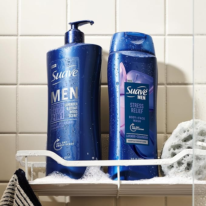 Suave Men’s Stress Relief Body + Face Wash Gentle Moisture with Lavender &amp Cedarwood All Day Fresh Scent 18 oz 6 Pack