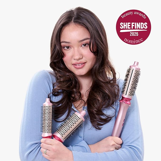 Wavytalk Heatwave Pro Ionic Thermal Brush Set 3-Size Heated Round Brush for Short to Long Hair Bilateral Negative Ions for Frizz-Free Shiny Blowout Pink