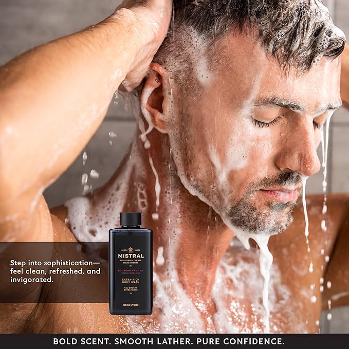 Mistral Men's Body Wash &amp Shampoo Bourbon Vanilla 13.5 oz | 2-in-1 Natural Shower Gel for Men | SLS Paraben &amp Phthalate Free | Natural Men’s Body Wash Moisturizing Bath Gel - Made in France