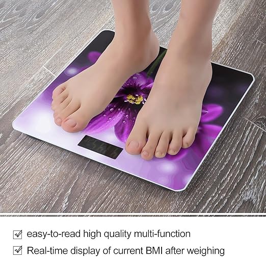 Purple FlowerScale for Body Weight with LCD High Precision Weighing Scales Fashion Sturdy Tempered Glass Weight Scales Easy-to-Read Digital Bathroom Scale for Daily 400lb