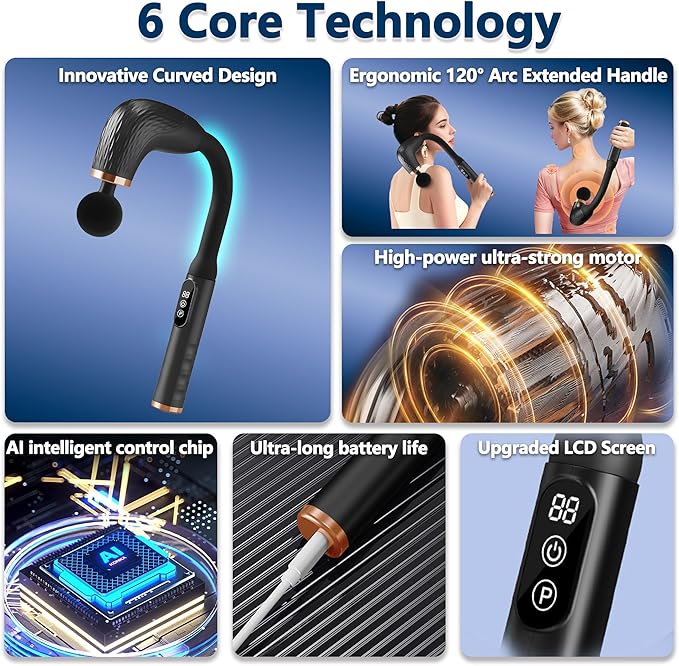 Massage Gun with Upgraded Extension Handle Back Massager for Pain Relief Deep Tissue Muscles/Neck/Shoulders/Waist/Legs Massager with 4 Massage Heads &amp 6 Speed Levels &amp 3 Massage Modes