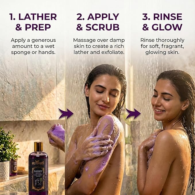 Glossify Luxury Blackcurrant Grape Shower Gel | Deep Cleansing &amp Hydrating Body Wash with Aloe Vera and Vitamin E | Refreshing Fragrance | 300 ML
