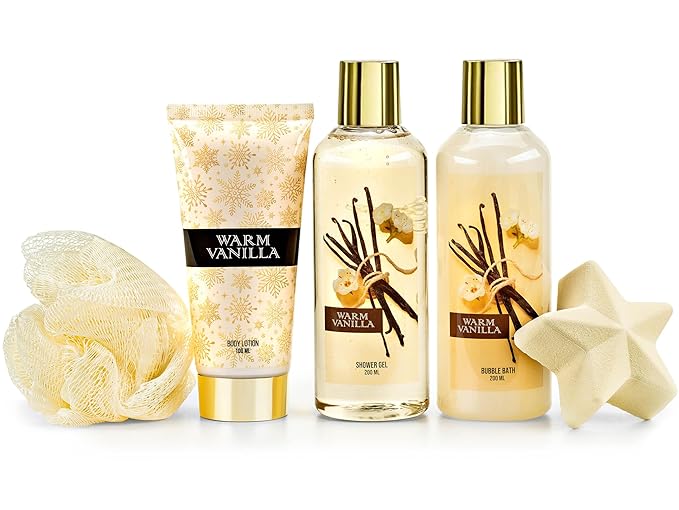Fragrance Bath &amp Body Collection Gift Box Includes Shower Gel Body Lotion Body Scrub Bath Bomb &amp Sponge (Warm Vanilla 2.0) – Mother's Day Gift for Mom