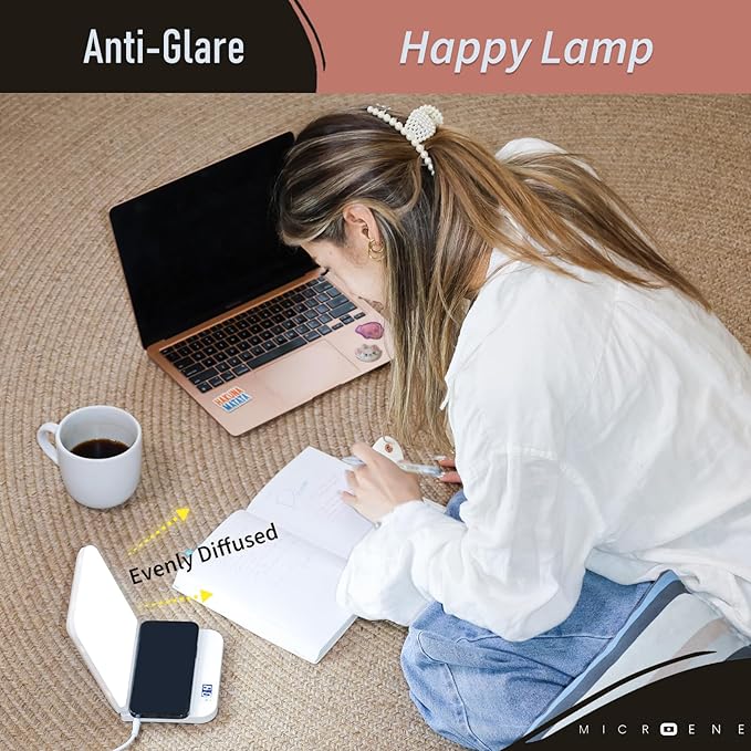 Light Therapy Lamp with Wireless Phone Charger Pad 2 in 1 10000 Lux Bright White UV-Free LED Anti-Glare 5 Adjustable Brightness Sunlight Lamp with Timer Energy Booster
