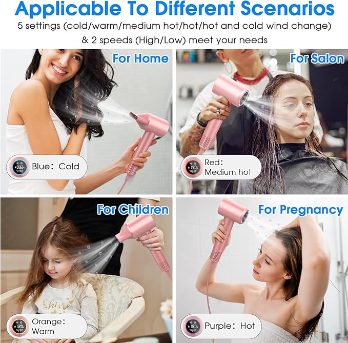 Hair Dryer 1500W High Speed 110000 RPM Blow Dryer with Plasma Tech (Positive+Negative Ionic) LCD Display 5 Modes Thermo-Control Low Noise Fast Drying Hair Dryer for Home or Travel (Rose Gold)