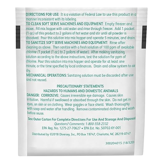Diversey 90234 Sani-Sure Soft Serve Sanitizer &amp Cleaner for Shake Slush Yogurt Machines &amp Food Service Equipment For Home &amp Commercial Use Powder 1-Ounce Packets (Pack of 100)