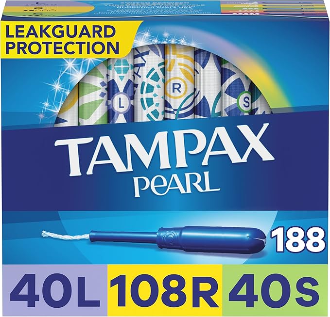 Tampax Pearl Plastic Tampons Light/Regular/Super Absorbency Multipack 188 Count Unscented (47 Count Pack of 4 - 188 Count Total) - Packaging May Vary