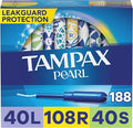 Tampax Pearl Plastic Tampons Light/Regular/Super Absorbency Multipack 188 Count Unscented (47 Count Pack of 4 - 188 Count Total) - Packaging May Vary