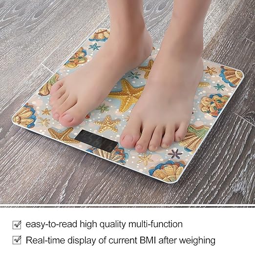 Shell Starfish Pattern Scale for Body Weight Digital Bathroom Scale Toughened Glass High Precision Scales for Body Weight with Large LCD Backlight Display Weight Scales