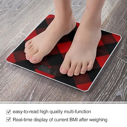 Plaid Red and Black1 Weight Scale Large Bathroom Scales Digital Weight with Bright LED Display Non Slip Automatic Weighing Scale Fashion Weighing Machine for Body
