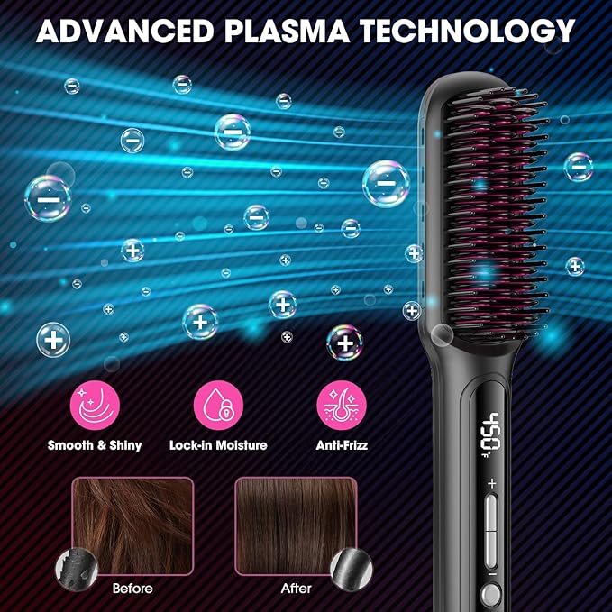 MiroPure Hair Straightener Brush with Plasma Technique Ceramic Straightening Brush with 16 Temp Settings 30s Fast Heating Hair Straightener Comb for Women with LED Display &amp Dual Voltage Black