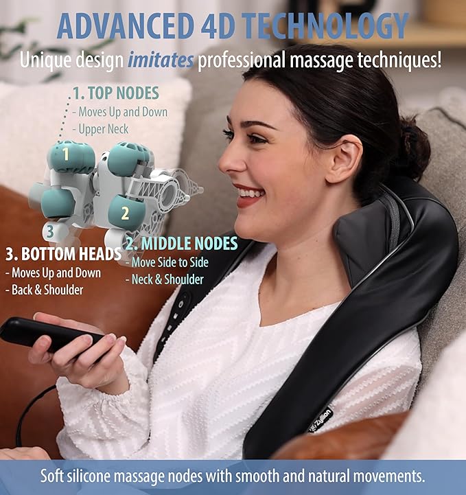 Zyllion Cordless Neck and Shoulder Massager with Heat - 4D Rechargeable Electric Shiatsu Kneading Deep Tissue Massage for Back and Muscle Pain Relief Black ZMA-36