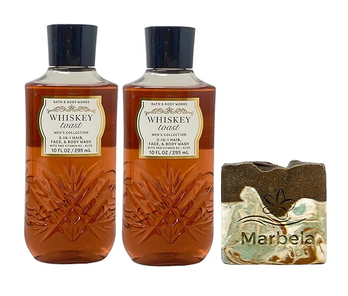 Bath &amp Body Works Men's Collection Whiskey Toast - 2 Pack of 3-In-1 Hair Face and Body Wash with a Cabin Spice Bar Soap