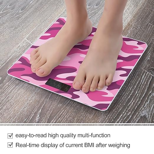 Pink Camo Weight Scale Cute Bathroom Scale for Body Highly Accurate Digital Weighing Machine for People Compact LCD Display Scales with Sturdy Toughened Glass Scales