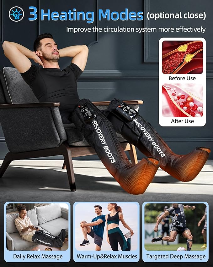 Leg Massager with Heat and Compression: Cordless Recovery System for Improved Circulation Professional Foot Massage Boots with 5 Massage Areas 8 Intensities(Only Single Leg)-Medium