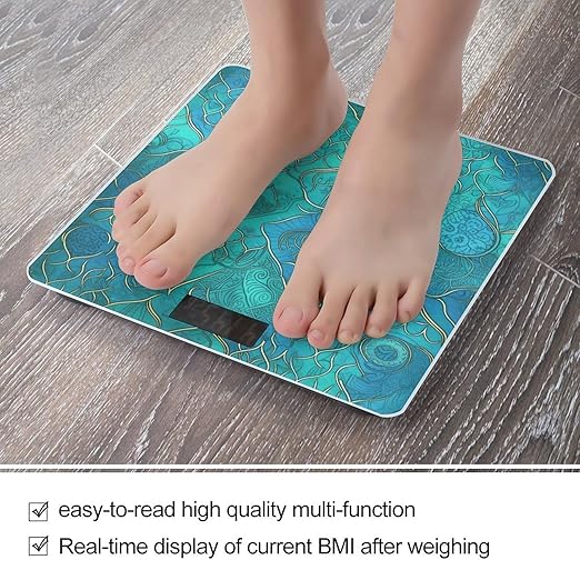 Turquoise Pattern Weight Scale Large Bathroom Scales Digital Weight with Bright LED Display Non Slip Automatic Weighing Scale Fashion Weighing Machine for Body