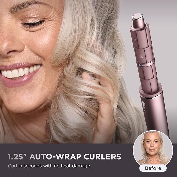 Shark FlexFusion Hair Straightener &amp Powerful Hair Dryer with Fusion Hair Brush Ceramic Air Styler with Auto-Wrap Curlers &amp Concentrator Ceramic Plates Cosmic Blush HD641S