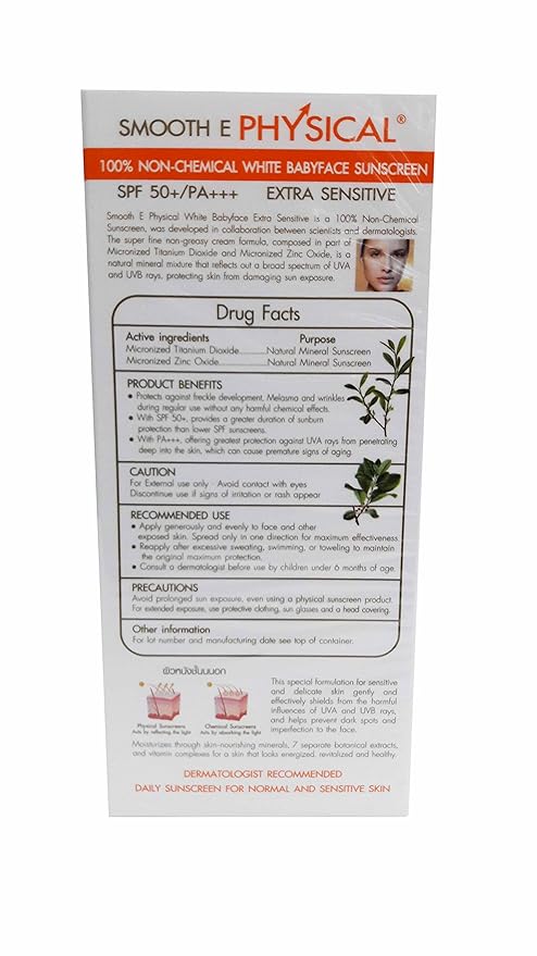 Smooth E Physical White Babyface Uv Expert 100% Non-chemical White Babyface Sunscreen Spf 50+/pa+++. Extra Sensitive White Skin (15 G/Pack).