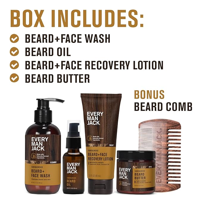 Every Man Jack Beard Essentials Gift Set for Men – Complete Routine with 5 Full-Size Essentials – Sandalwood Scent - Beard &amp Face Wash Lotion Oil Butter &amp Comb