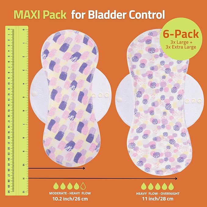 Non-Slip High Absorbency Reusable Period Pads for Heavy Flow (6 Pack L+XL) - Leak Proof &amp Odor Free Cotton Cloth Pads for Women - High-Temp Washable Breathable &amp Skin-Safe for Menstrual Comf