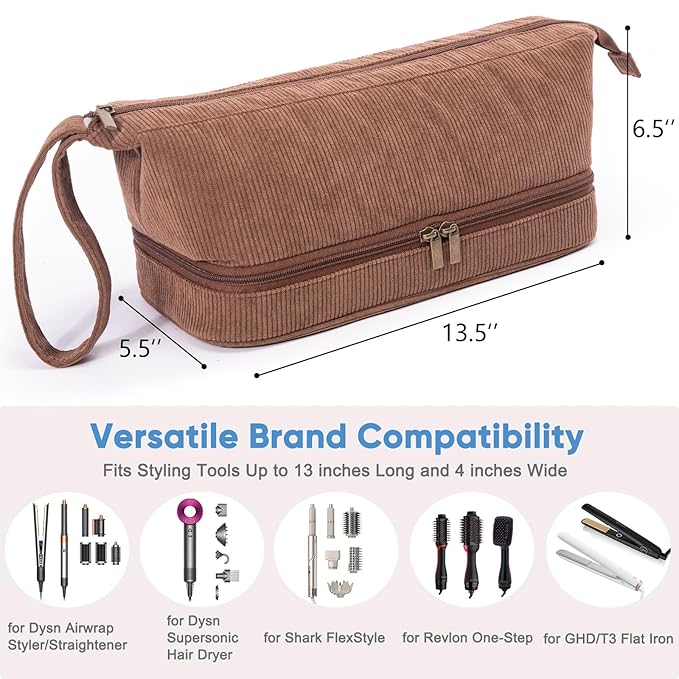Hair Tools Travel Case - Double-Layer Organizer for Hair Dryer Curling Iron &amp Attachments - Brown Corduroy with Zipper Closure &amp Top Handle