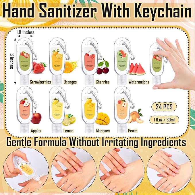 24 Pack Scented Hand Sanitizers Keychain Gift Mini Hand Sanitizer Bulk 1 oz Travel Size Sanitizer Keychain Set Thank You Gift for Teacher Nurse Coworker Graduation Party Favors Treat Goodie Bags