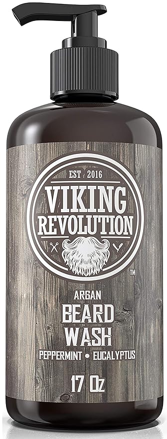 Beard Wash Shampoo w/Argan &amp Jojoba Oils - Softens &amp Strengthens - Natural Peppermint and Eucalyptus Scent - Beard Shampoo w/Beard Oil (17 oz Shampoo)