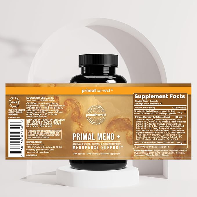 Primal Harvest Meno+ Menopause Support with Saffron &amp Chinese Herbs Support Mood Menopausal Symptom Relief &amp General Well-Being (1 Pack)