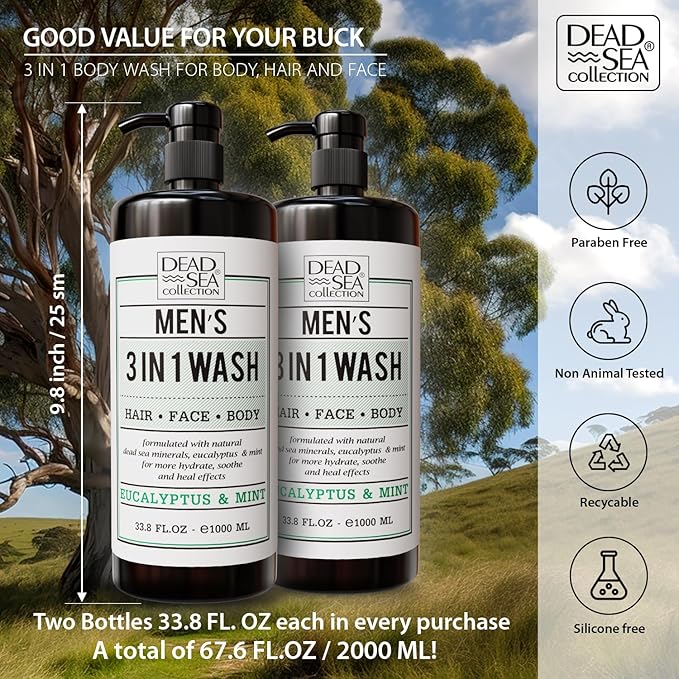 Dead Sea Collection Eucalyptus Mint Men’s Body Wash – 3 in 1 Body Wash for Men for Hair Face &amp Body – Moisturizing Shower Gel with Dead Sea Minerals – Pack of 2 (33.8 fl oz each)