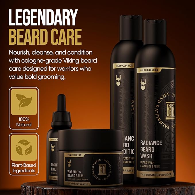 The Beard Struggle Men’s Beard Growth Kit – Includes Balm Oil Wash &amp Conditioner – Gold Collection Valhalla’s Gates