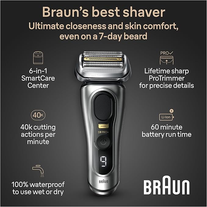 Braun Series 9 PRO+ Electric Razor for Men 5 Pro Shave Elements &amp Precision Long Hair Trimmer 6in1 SmartCare Center Wet &amp Dry Electric Shaver for Smooth Skin with 60min Battery Runtime 956
