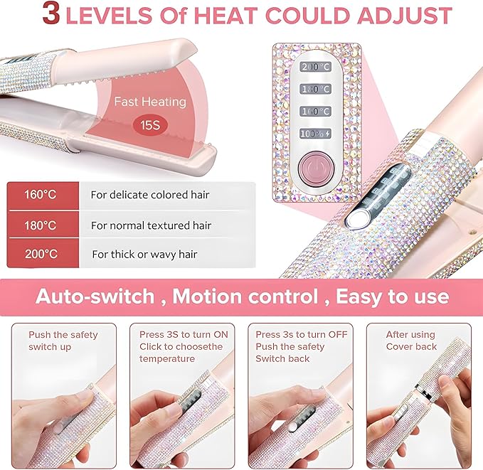 Mini Dual Purpose Curling Iron 2 in 1 Portable Cordless Hair Straightener and Curler Curling Wand &amp Flat Iron for Travel with Fast Heating 3 Temp Setting USB Rechargeable (Black)