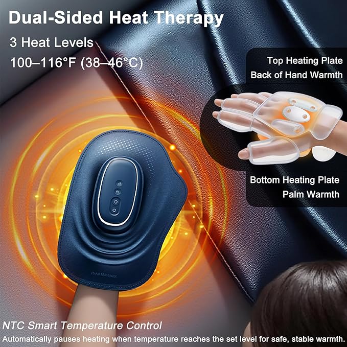 Portable Hand and Wrist Massager with Heat and Compression 3 Modes 3 Intensities and 3 Temps (100°F–116°F) Palm &amp Finger Massage Rechargeable Home Office Travel (Blue)