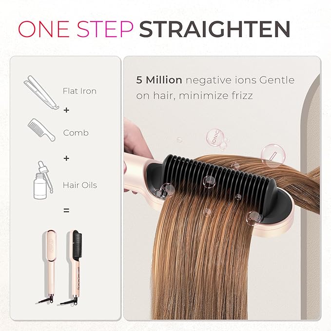 TYMO Ring Plus Ionic Hair Straightener Brush - Straightening Comb with Negative Ions for Women Titanium Coating 9 Temp Settings &amp LED Display Dual Voltage Professional Styling Tools Gold Blus