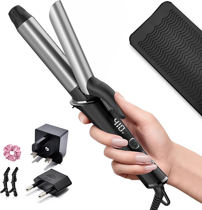 Travel Curling Iron 1 InchDual Voltage Curling Iron 110-240V with European PlugSmall Curling Wand for Women &amp Short Hair 5 Temp Digital Settings Auto-Off Anti-Scald CoverHeat-Resistant pad(G