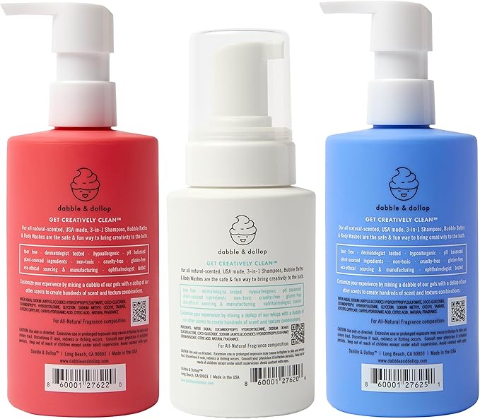 Dabble &amp Dollop USA Bundle 3-in-1 Natural Bubble Bath Body Wash &amp Shampoo for Kids Paraben &amp Sulfate Free Vegan Tear-Free Strawberry Vanilla &amp Blueberry (Set of 3)
