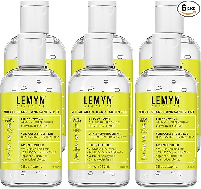 Medical‑Grade Hand Sanitizer Gel – 97 % Organic | 70 % USP Ethyl Alcohol | Moisturizing Aloe + Hyaluronic Acid | Freshly Made in USA | 8oz Bottle with Flip top (PACK OF 6)