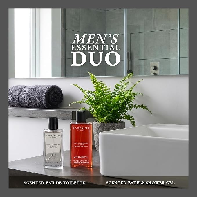 Pecksniff’s Men’s London Edition Fragrance Duo Gift Set – Suede Sandalwood &amp Amber Eau de Toilette 100ml &amp Bath &amp Shower Gel 300ml