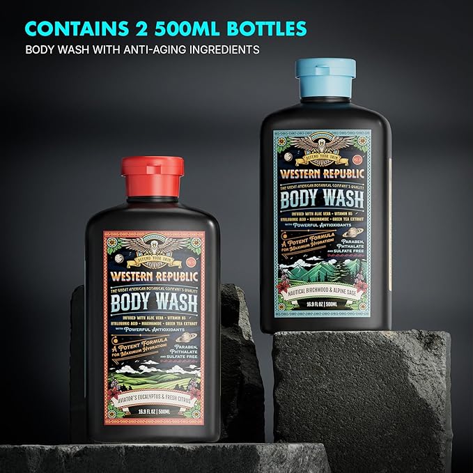 Men's Body Wash | Nautical Birchwood &amp Alpine Sage Scent and | Hydrating &amp Anti-Aging Formula with Aloe Niacinamide &amp Hyaluronic Acid (2 Pack) | Made in USA